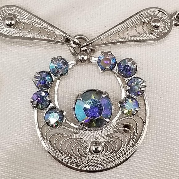 Dixelle Vintage Sterling Necklace & Screw-on Earring Set AB Rhinestone - Picture 11 of 13